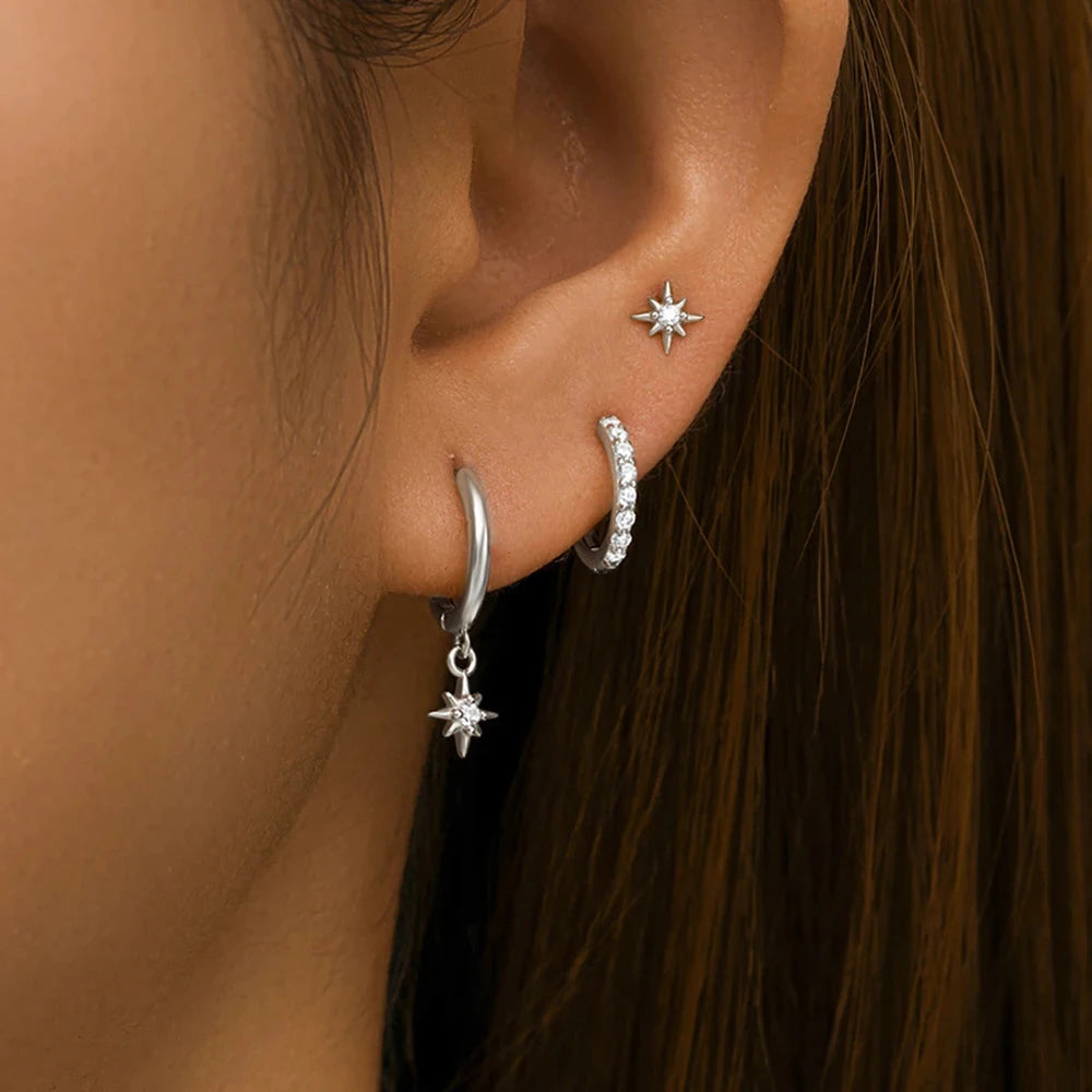 3 Piece Fashion Stainless Steel Round Star Drop Earrings Set for Women 18K Gold Plated Dangle Earring Punk Unisex Rock Jewelry Econic Blanks